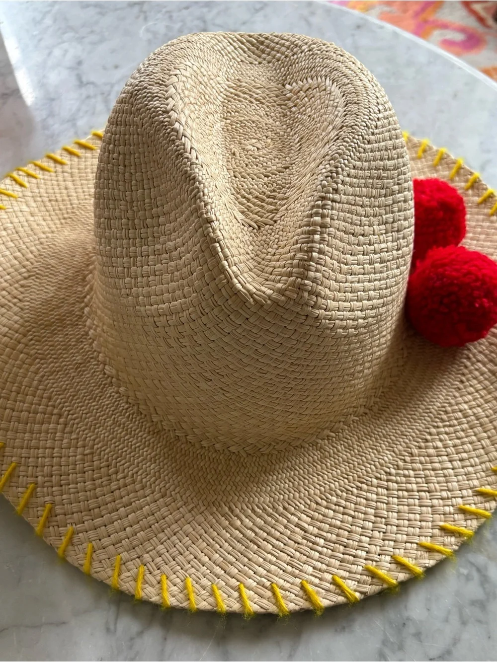 Sensi Studio Straw with Yellow Trim and Red Pom-Pom
